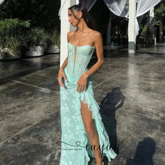 CUYUN Customized Luxury Lace Prom Dresses Women High Slit Sexy Corset Back Long Party Gown Floor-Length Evening Dress Summer