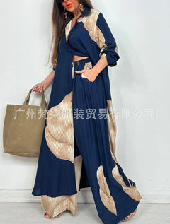 Fashion Loose Printed Long Sleeve 2-piece Set Women's Single-breasted Cardigan Robe Wide-leg Pants Casual Two-piece Outfit Woman