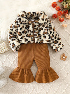 Toddler Baby Girl Leopard Faux Fur Jacket & Corduroy Flared Pants Set