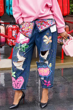 Women Denim Pant Jeans Print Floral Long Pants Hot Drilling High Waist Straight Trousers Y2k Streetwear Elegant Hole Work 2026