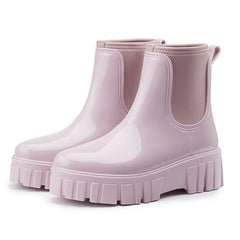 PVC Fashion Rain Boots Shoes For Women Solid Anti-slip Wear-resistant Thick Soled Shoes Low Cut High Top Round Toe Waterproof Water Shoes
