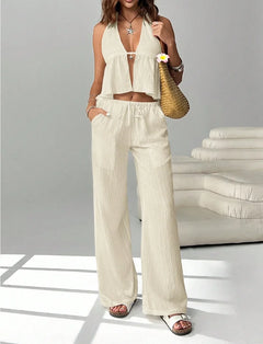 Fashion White Woman 2 Piece Set Outfit Spring And Summer Women's Halter Neck Strap Sexy Backless Sleeveless Vest Slim Suit
