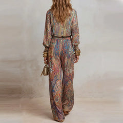 Retro Boho Printed 2 Piece Set for Women 2026 V Neck Top + Wide Leg Trousers Elegant Outfit Suit Casual Loose Suit Outfit
