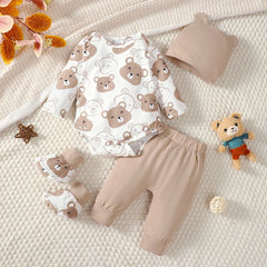 4PCS Clothing Set 0-9 Months Newborn Baby Boy Bear Short Sleeve Romper+Pants+Hat+Sock Infant Baby Full Moon Photography Outfits