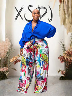 2piece Woman Outfit Streetwear Blue Silk Blouses Women Plus Size