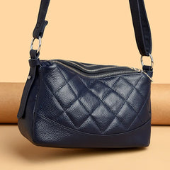 Real leather triple zipper women's large capacity shoulder bag lightweight Rhombus commuting crossbody bag
