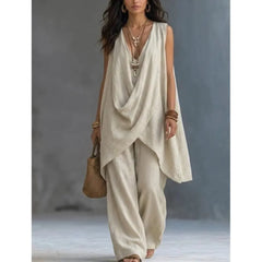 Women's Fashion Cotton Linen Irregular Sleeveless Long Tops 2-piece Set Spring Summer New Casual Wide-leg Trousers Female Suit