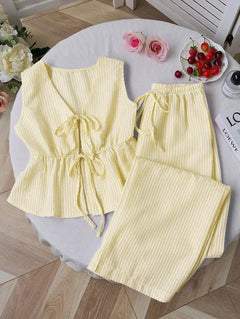 Summer Two Piece Set Women Striped V Neck Lace Up Sleeveless Blouse