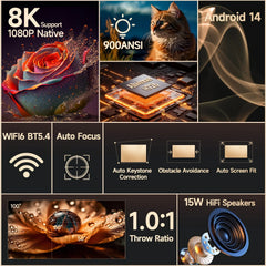 Magcubic Android 14 900ANSI Projector Auto Focus Native 1080P Support 8K With Wifi6 BT5.4 Portable Movie Outdoor HY350Max