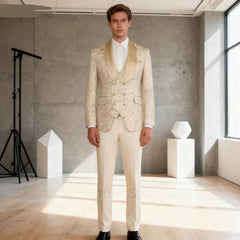 Champagne Jacquard 3-Piece Men's Formal Smoking Suit with Shaw Lapel
