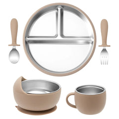 Color Kids 5PCS Baby Feeding Set Stainless Steel Silicone Tableware Sucker Dishes Plate Bowl Training Fork Spoon Infant Cup