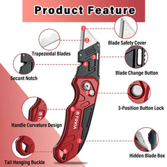 T TOVIA Folding Utility Knife with Blade Storage - Quick-Change Retractable Box Cutter, 3 Extra Blades in Handle, Aluminum Body.