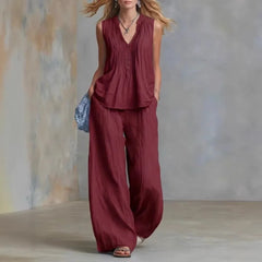 Women's Pullover Blouse And Pants Two-piece Set Women's V-Neck Vest Top Summer Suit Elastic Waist Trousers Lady Sets Outfit 2026