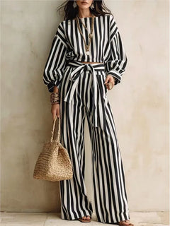 Women New Striped Long-sleeved Shirts Trousers 2piece Set Fashion Casual Ultra-short Top Waisted Lace-up Loose Wide-leg Long Set