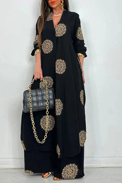 Women's Loose Long Vintage Printed Robe Set Spring Summer Casual Button Shirt Blouses Wide Legs Pants Oversized Two-piece Outfit