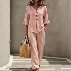 Summer 2 Piece Sets for Women Casual Ruffle 3/4 Sleeve V Neck Top And Wide Leg Pants Matching Set Loose Vacation Lounge Outfits