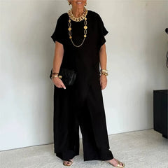 Loose Irregular 2 Piece Set for Women Short Sleeve Round Neck Long Top + Wide Leg Pants Casual Outdoor Commuting Versatile Suit