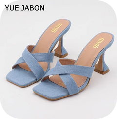 Blue Women's Shoes Fashion Summer Women's Slippers Square Toe Solid