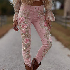 Fashion Womens Floral Print Jeans Straight Leg Casual Denim Pants 3D Design