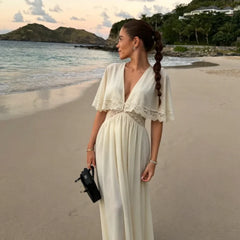 Deep V-Neck Lace Trim Cutout Waist Maxi Dress Elbow-Sleeve Lace Trim Chiffon 2026 Summer Elegant Women Vacation Boho Outfit