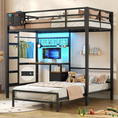 Twin Over Twin Bunk Bed,Built-in Desk & Charging Station & LED Lights with Storage Drawers,Bedroom Furniture, Custom