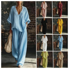 Fashion V Neck Short Sleeve Top Suit Women's Set Spring Summer Loose Blouse Top Wide Leg Trousers Female Vacation 2 Piece Set