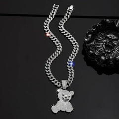 Hip Hop Aggressive Bear Pendants Necklaces with Miami Cuban Link Chain Brown Bear Men's Women Choker Collar Jewelry Accessories