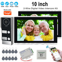 Tuya Smart WiFi Video Doorbell Intercom 1080P 2 Wired 10 inch LCD Video Door Phone System RFID APP Unlock for 2-Unit Apartments