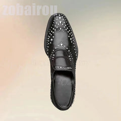 Metal Rivets Black Strappy Men Derby Shoes Fashion Slip On Men Shoes Luxury Handmade Party Feast Banquet Office Men Dress Shoes