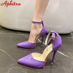 Aphixta New Pimps 12cm High Stiletto Heels Ankle Strap Belt Buckle Sandals Women Pointed Toe Heels Shoes Plus Size 49 50
