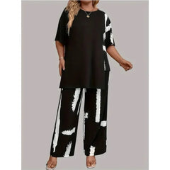 Plus Size Womens Brush Print Elegance  Short Sleeve Round Neck Split Top & Matching Pants 2 Piece Outfit Set