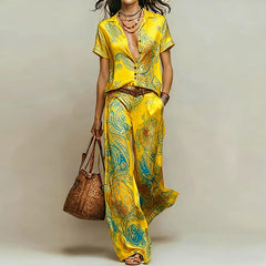 Vintage Printed Two Piece Suits Women Glossy V Neck Pocket Short Sleeve Tops & Wide Leg Trousers Sets Chic Holiday Travel Outfit