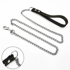 Metal Chain Dog Lead with Leather Style Handle Strong Control Leash Iron Dog Pets Supplies Collars Harnesses Chain Traction Rope
