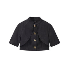 Fashion Women Pant Set Fashion Stand Collar Single Breasted Short Sleeve Cropped Coat And Lace Up Wide Leg Pant Casual Outwear