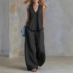 Fashion Pleated V-neck Sleeveless Women's Tops 2-piece Summer Casual Loose Wide-leg Trousers Female Elegant Office Trousers Set