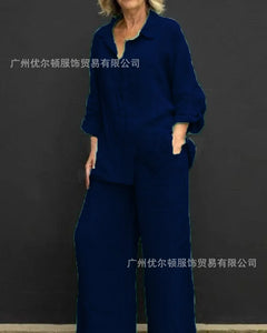 Solid Color Linen Two Piece Sets Women Outfits Spring Autumn Simple Long Sleeve Shirt Loose Trousets Set Office Casual Suit