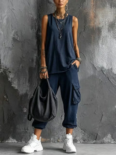 Boho Vacation Summer Sport Outfits Woman O Neck Sleeveless Top Big