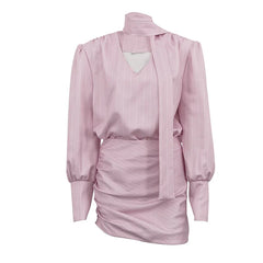 New Autumn Printed Striped Suit For Women, Featuring V-Neck Long-Sleeve Top With Scarf And A Pleated Design Hip-Hugging Skirt