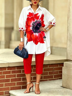 Vintage Women Floral Printed 2 Piece Set Single-breasted Short Sleeves Turndown Collar Shirts Solid Slim Trousers Casual Outfit