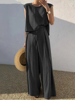 Lady Casual Loose 2 Piece Sets Fashion O-Neck Sleeveless Pullover Tops+wide Leg Pants Two Piece Sets For Women Summer Office New
