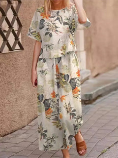 Autumn New Women's Fashion Printed Cotton Linen Plant Flower Three
