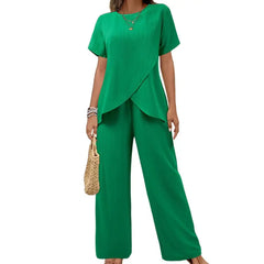 Casual Solid Suit Women Summer Fashion Round Neck Short Sleeve