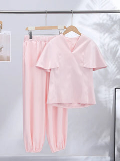 Elegant Women's Top Pant Sets Summer V-neck Short Sleeve Top High Waist Wide Leg Pant Female Suit 2026 Fashion Lady Suits