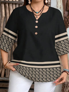 Plus size women's spring/summer/autumn new retro pattern front button leisure short sleeve shirt essential summer outfit