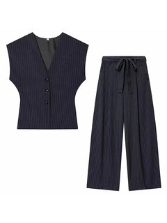 Women Fashion 2-Piece Set Single-breasted Sleeveless V-Neck Pinstripe Vest+Summer Pleated Loose Pocket Belt Zipper Pants