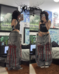 Y2K Gothic Punk Baggy Pants Women Red White Tribal Flame Print Wide Leg Trousers Vintage Grunge Streetwear Alt Clothing