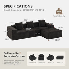 110” Sectional Couches for Living Room, 3 Seat Grey Corduroy Convertible Boneless Couches Sofa Bed with Pillows,, Customized