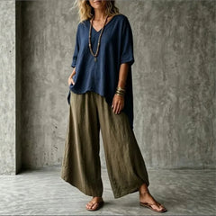 Summer New Loose Retro Short-sleeved T-shirt Trousers 2-piece Set Women's Fashion Irregular Top + Wide-leg Trousers Set Female