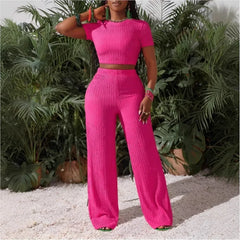 Casual Sports Set for Women Sexy Slim Short Sleeve O Neck Tops+high