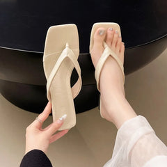 2025 New  Summer New Soft Leather Square Toe Cat with Flip-flops Women Fashion Thin Belt Thin Heel Soft Sole Flip-flops